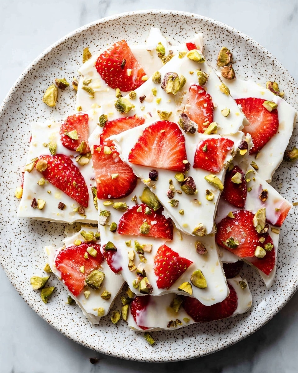 A round pile of white frozen yogurt bark broken into uneven pieces with visible chunks of bright red strawberry slices and scattered small green pistachio nut pieces on top, all placed on a white speckled plate on a white marbled surface. photo taken with an iphone --ar 4:5 --v 7