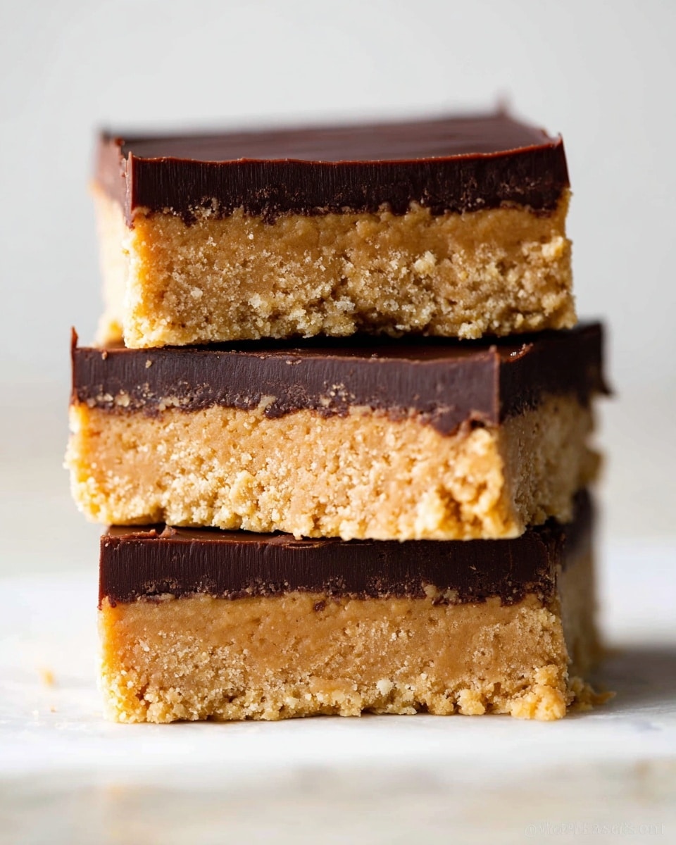 Three stacked dessert bars are shown in close-up on a white marbled surface, each bar having two layers. The bottom thick layer is light tan and crumbly with a rich peanut butter-like texture. The top thinner layer is smooth and dark brown, resembling chocolate ganache with a slight glossy finish. The bars are slightly uneven with natural crumbs visible, and the background is pure white, making the bars stand out sharply. photo taken with an iphone --ar 4:5 --v 7