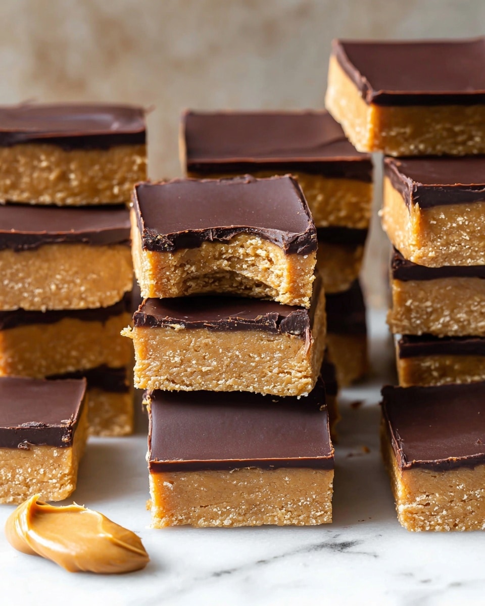 The image shows about sixteen square peanut butter bars stacked in three neat piles on a white marbled surface. Each bar has two visible layers: a thick, dense peanut butter base with a light golden brown color and a smooth, thin dark chocolate layer on top. One bar in the middle has a bite taken out, showing texture inside the peanut butter layer. There is a small dollop of creamy peanut butter in the top left corner of the image. All squares have clean edges, and the chocolate layer reflects a soft sheen. Photo taken with an iphone --ar 4:5 --v 7