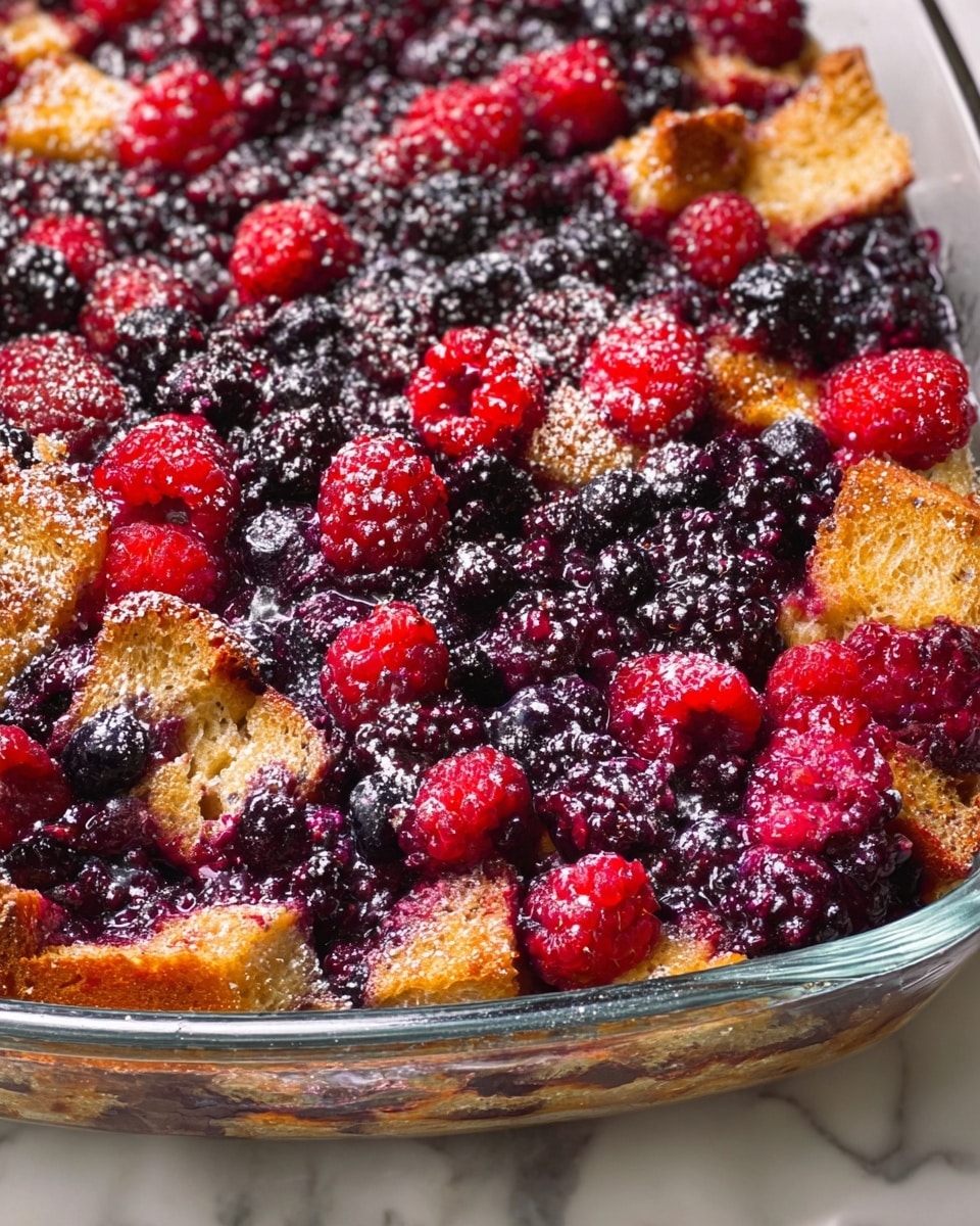 This image shows a close-up of a baked berry dessert in a clear glass dish. The base layer is made up of a light brown, slightly crispy baked bread or cake, cut into small square pieces. On top of this base, there is a thick layer of mixed berries, including raspberries, blackberries, and blueberries in deep red, purple, and dark blue colors. The berries look juicy and some have burst slightly, creating colorful purple and red stains on the bread below. The dessert is finished with a light dusting of powdered sugar that adds a soft white contrast over the dark berries. The dish is placed on a white marbled surface. photo taken with an iphone --ar 4:5 --v 7