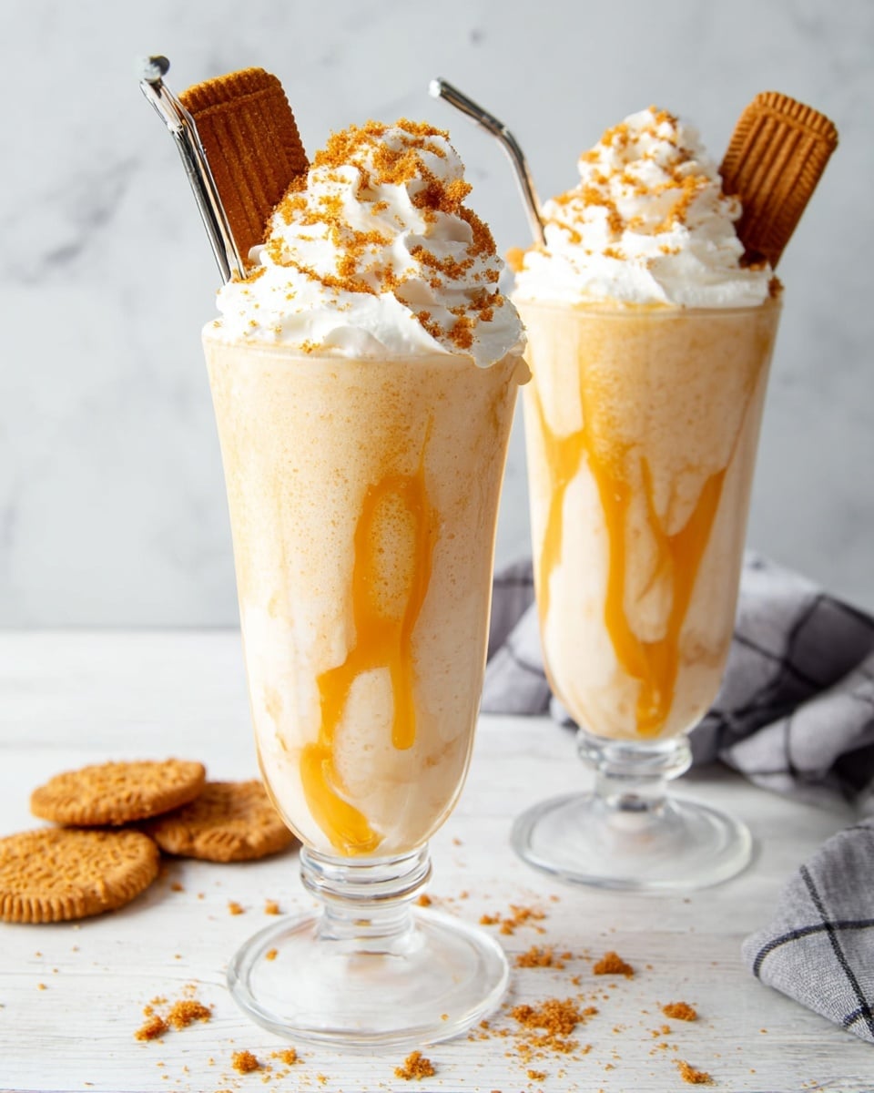 Two tall clear glasses filled with a creamy beige milkshake with an orange syrup swirl starting from the bottom and rising slightly upwards. Each glass has a thick layer of white whipped cream on top, sprinkled with crushed brown cookie crumbs, and a single rectangular brown cookie sticking out from the cream at an angle. Two metal spoons are placed inside the milkshakes behind the whipped cream. The glasses stand on a white wooden table with scattered cookies around and a white marbled texture background behind them. photo taken with an iphone --ar 4:5 --v 7