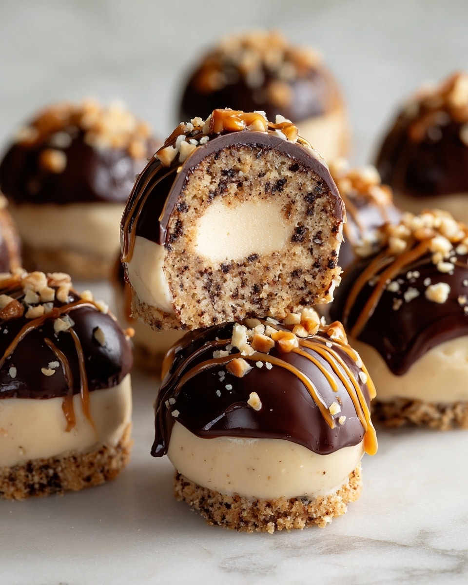 A close-up of round dessert balls arranged on a white marbled surface, each ball having three visible layers: the bottom layer is a crumbly brown base, the middle layer is smooth creamy beige filling, and the top layer is a dark shiny chocolate coating that slightly drips down the sides. The chocolate top is sprinkled with crushed light tan nuts and caramel drizzle, adding texture and a glossy finish. One ball is cut in half and placed upright in the front to clearly show the inside layers, while the others are whole and clustered behind it. Photo taken with an iphone --ar 4:5 --v 7