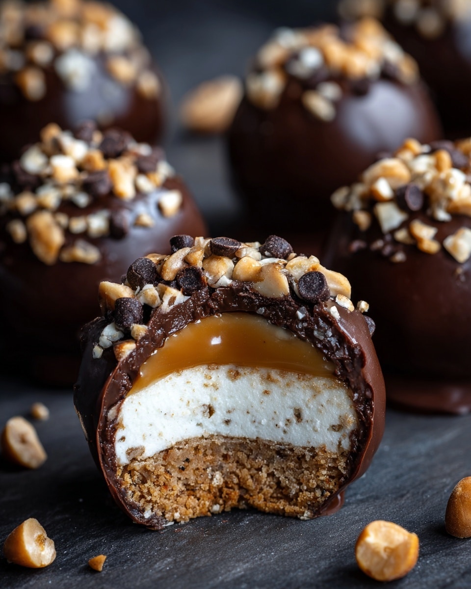 The image shows round dessert balls coated in smooth dark chocolate, each topped with small pieces of crushed nuts and chocolate chips. One dessert ball is cut in half, revealing three layers inside: the bottom layer is a crumbly light brown base, the middle layer is thick and creamy white, and the top layer is a glossy light brown caramel-like filling. The balls sit on a dark surface with scattered nut pieces. The focus is on the front two dessert balls with others blurred in the background. photo taken with an iphone --ar 4:5 --v 7