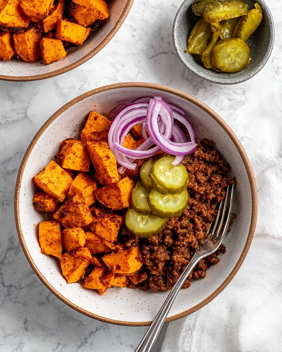 A white bowl with a thin brown rim shows two main layers: on the left, bright orange roasted sweet potato cubes with a slightly charred texture, and on the right, a rich, dark brown cooked ground meat mixture. On top, there are thin half-rings of purple-red onion and four overlapping green pickle slices placed slightly off center. A silver fork is resting in the meat layer on the right. Above the bowl, part of another similar bowl filled with roasted sweet potato cubes is visible. To the left, a small grey bowl contains extra green pickle slices. The background surface is a white marbled texture with a white cloth near the top right of the main bowl. photo taken with an iphone --ar 4:5 --v 7