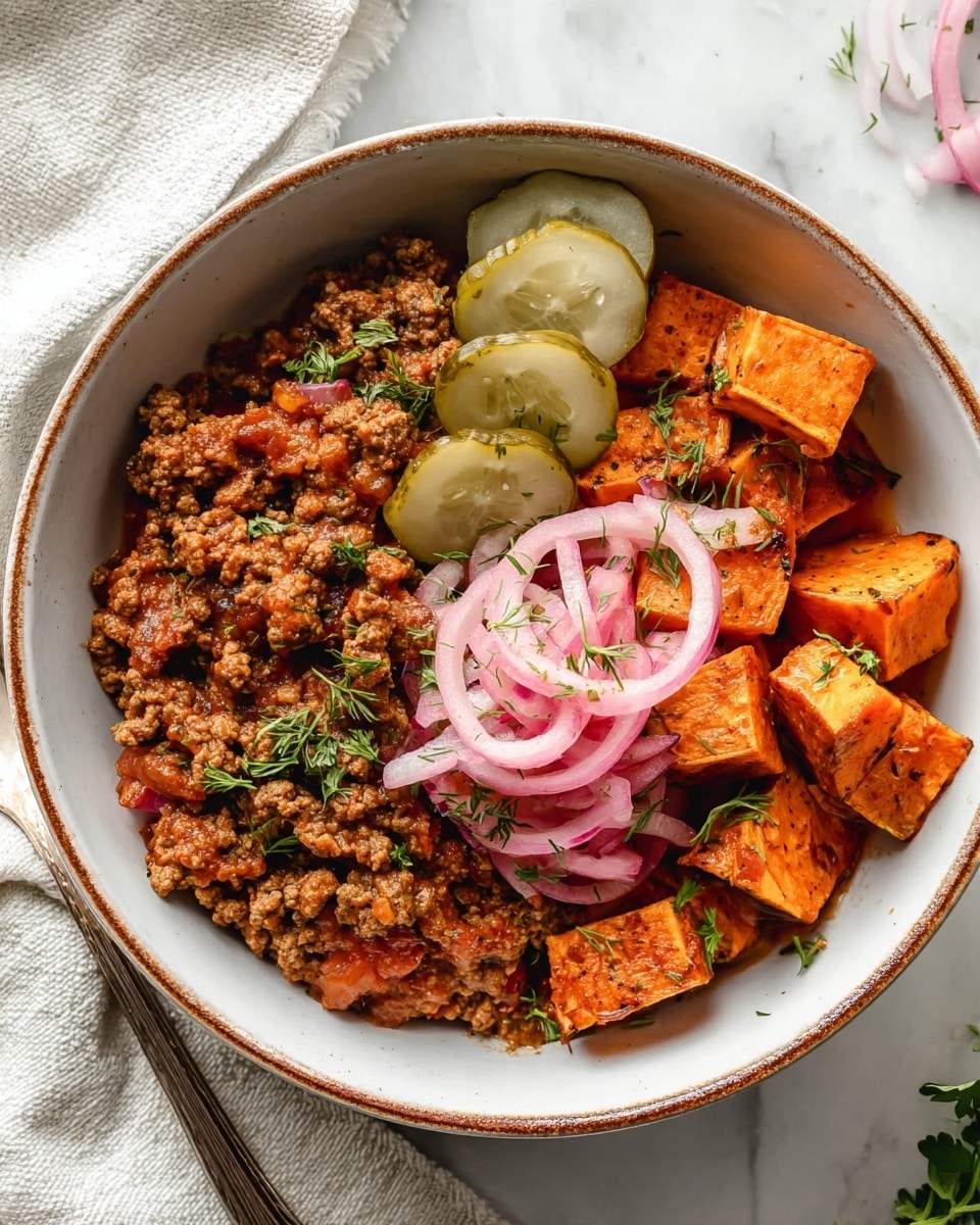 A white bowl with a brown rim holds a dish made of four main parts: on the left side there is a thick layer of cooked ground meat mixed with tomato-based sauce showing small chunks of tomato and onion, with a rich brown and reddish color and some green herbs sprinkled on top; next to it, on the right side, there are cubed roasted sweet potatoes with a slightly browned texture and scattered green herbs; above the potatoes are three round, pale green pickles with visible delicate seeds and faint dill sprigs; in the center, on top of the sweet potatoes and meat, some thinly sliced pink and white pickled onions curl loosely; the bowl sits on a white marbled surface with a light-colored cloth nearby, photo taken with an iphone --ar 4:5 --v 7