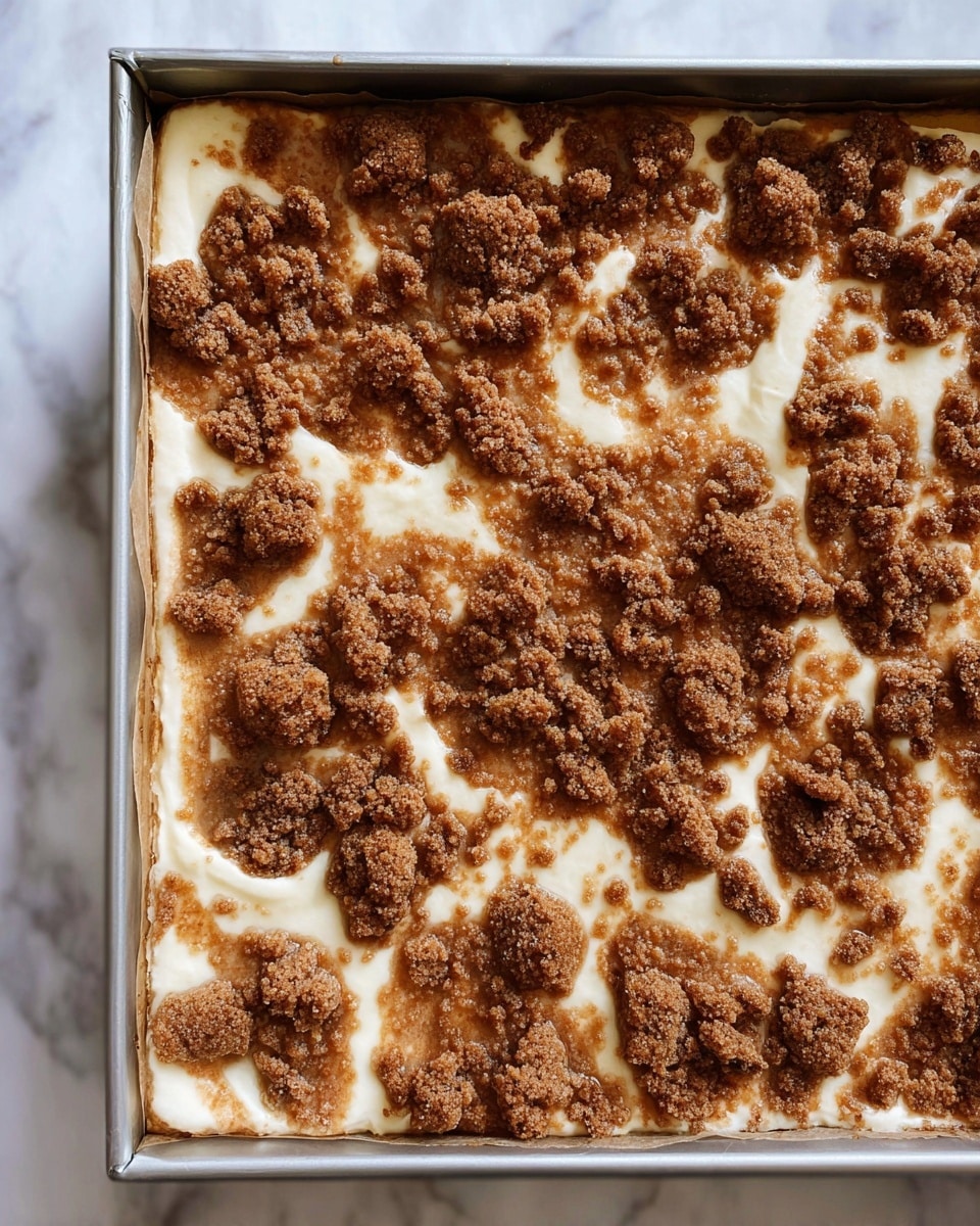 The image shows a rectangular dessert in a metal baking pan lined with parchment paper. The dish has two main layers: the bottom layer is creamy white with a smooth texture, and the top layer is a crumbly, brown streusel with a rough texture, unevenly spread over the white layer. The streusel is scattered in large chunks and smaller bits, creating a patchy look with the creamy layer visible in between. The surface of the streusel has a slightly grainy appearance, and the overall color contrast between the creamy white layer and brown streusel is clear. The background is a white marbled texture. photo taken with an iphone --ar 4:5 --v 7
