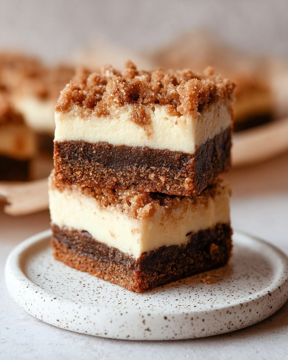 Two square dessert bars are stacked on a white speckled plate with a white marbled background. Each bar has three layers: a dense, dark brown bottom crust, a thick, creamy light beige middle layer, and a crumbly golden-brown topping dotted with sugar crystals. The top layer is uneven with small clusters giving a rough texture. The bars are neatly cut with clean edges showing the distinct layers clearly. Photo taken with an iphone --ar 4:5 --v 7