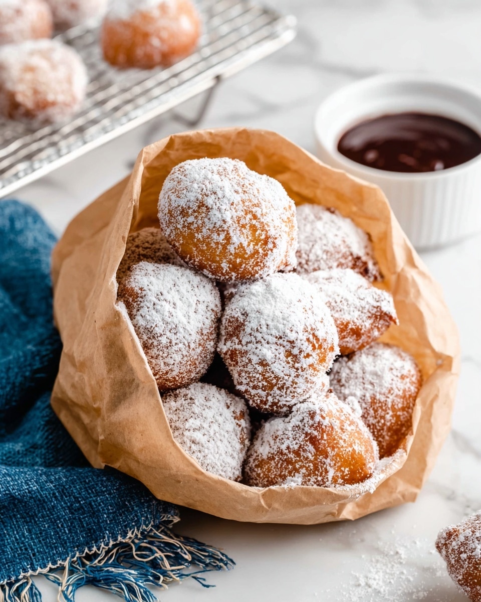 The image shows a brown paper bag filled with about a dozen small round fried doughnuts, each dusted heavily with white powdered sugar, giving them a soft, snowy look. The doughnuts are golden brown under the sugar and have a rough, crunchy texture. The bag is placed on a white marbled surface, with a small white bowl filled with dark chocolate sauce blurred in the background to the right. In the top left corner, there is a wire rack with more powdered doughnuts resting on it. In the lower left corner, a blue woven cloth with frayed edges lies on the white marbled surface. Photo taken with an iphone --ar 4:5 --v 7