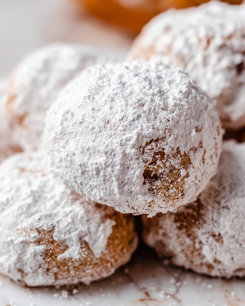 The image shows several close-up round cookies covered thickly with white powdered sugar. The cookies have a light brown color underneath the sugar, with a slightly rough texture and some cracks visible through the powdered sugar. The powdered sugar is unevenly spread, creating a soft, powdery layer on top. The cookies are stacked closely together on a surface with a white marbled texture, giving a clean, bright backdrop to the warm cookies. photo taken with an iphone --ar 4:5 --v 7