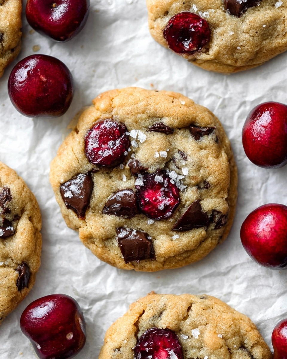 A close-up view of soft, round cookies on wrinkled white parchment paper placed on a white marbled texture. Each cookie has a light golden brown surface with visible chunks of dark brown melted chocolate chips and bright red cherry pieces embedded on top. The cookies have a slightly uneven texture, showing a mix of smooth and bumpy areas, with a sprinkle of coarse salt flakes adding a touch of white contrast. Around the cookies, there are whole shiny cherries with deep red skins. photo taken with an iphone --ar 4:5 --v 7