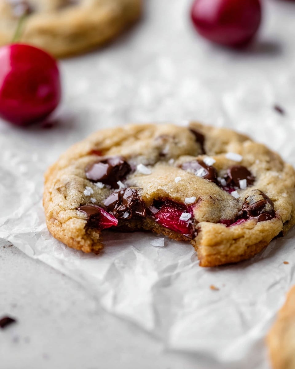 A close-up of a soft, golden brown cookie with uneven edges lying on crumpled white parchment paper over a white marbled surface. The cookie is visibly thick, showing gooey melted dark chocolate chips spread throughout and slightly sunken red cherry pieces inside, visible through a bite taken on one side. A small pinch of coarse salt is scattered on the cookie's surface. In the blurred background, a whole red cherry adds a pop of color. Photo taken with an iphone --ar 4:5 --v 7