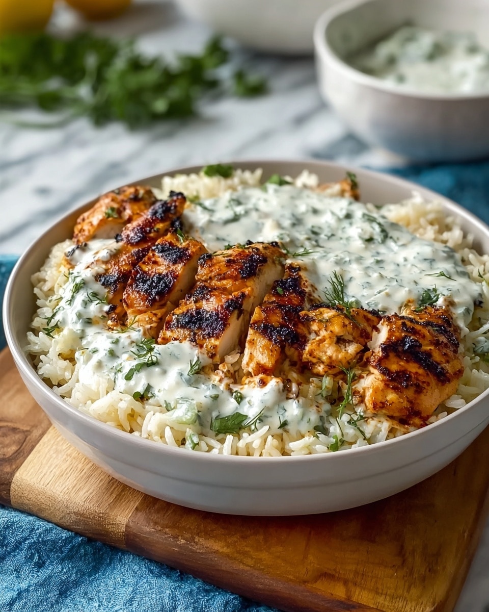 The dish shows a white bowl filled with three layers: the bottom layer is fluffy white rice with small green herb pieces mixed in, the middle layer has five pieces of grilled chicken with dark brown grill marks and a slightly charred texture placed across the rice, and the top layer is a creamy white sauce with green herbs scattered on it, mostly on one side of the chicken. The bowl is placed on a wooden board on top of a blue cloth, all set on a white marbled surface with a blurred white bowl and some green herbs in the background. photo taken with an iphone --ar 4:5 --v 7