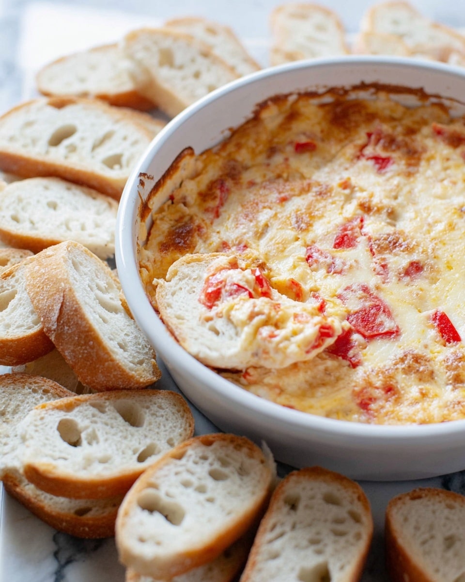A white bowl filled with a creamy, baked cheese dip that has a golden, slightly browned top layer mixed with small pieces of red peppers throughout, giving it a textured look. The dip has a thick, smooth texture with visible chunks of red veggies beneath the surface. Around the bowl, there are many slices of light, airy white bread with holes in the crumb, some leaning against the bowl and others lying flat. One slice is partly dipped into the cheese mixture, showing the creamy, mixed texture clinging to the bread. The whole setup is on a white marbled surface. Photo taken with an iphone --ar 4:5 --v 7
