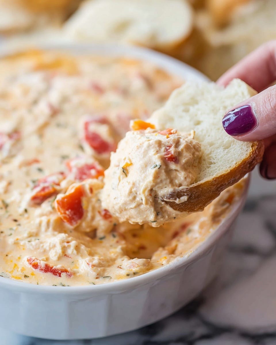 A close-up view of a white bowl filled with a creamy dip that has visible chunks of orange and red roasted peppers mixed in a thick, smooth beige cheese sauce; in the foreground, a woman's hand with purple nail polish holds a piece of light, fluffy bread with a scoop of the dip on its edge, showing a soft interior and slightly crusty outer layer. The background is a white marbled texture. photo taken with an iphone --ar 4:5 --v 7