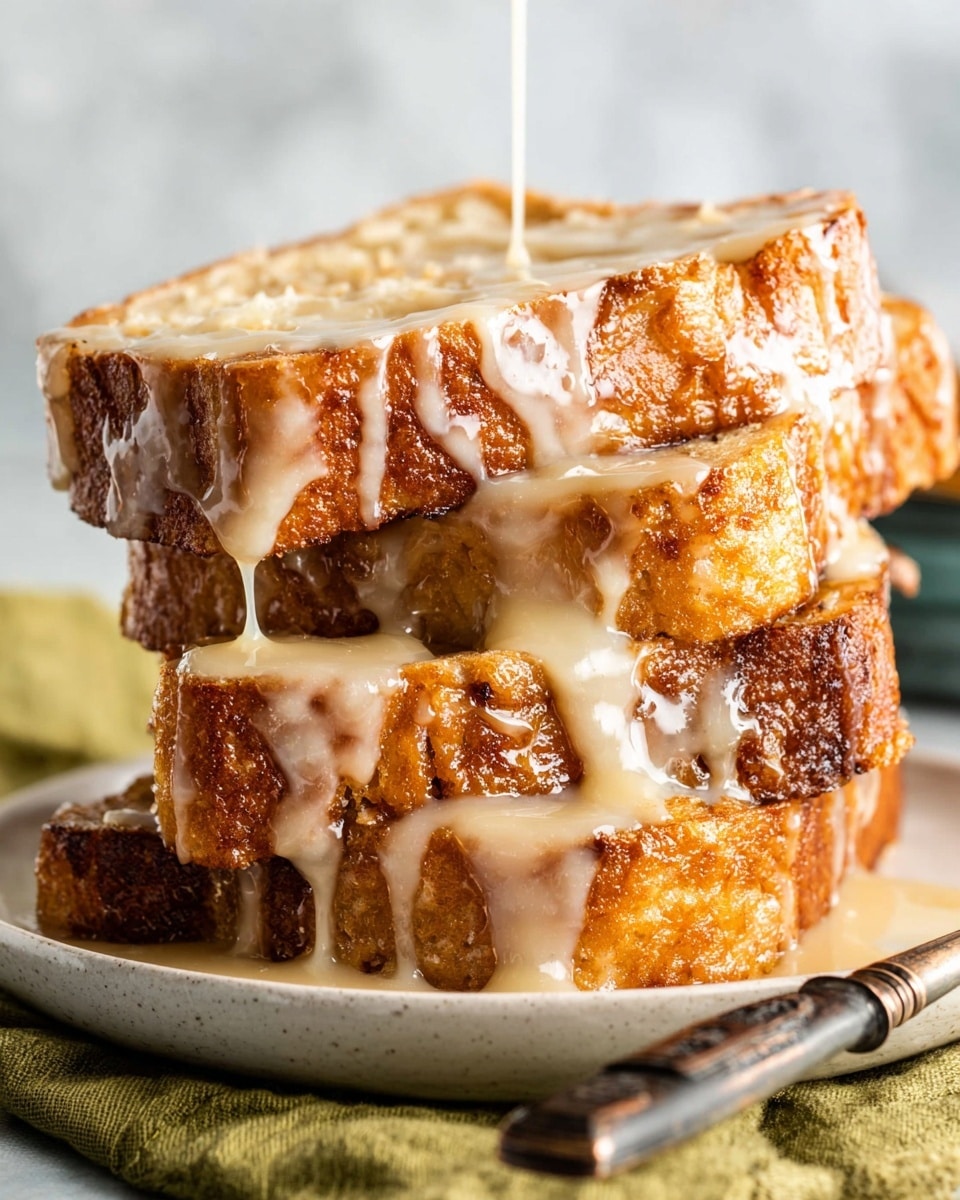 A stack of three thick slices of golden brown bread soaked in a glossy, creamy sauce that drips slowly down the sides, highlighting the moist texture of the bread. The crust is crisp and dark golden, while the inside looks soft and tender, with a shiny, smooth sauce coating each layer unevenly. The stack sits on a white plate with dark metal handles, placed on a soft olive-green cloth, all set against a white marbled texture background. Photo taken with an iphone --ar 4:5 --v 7