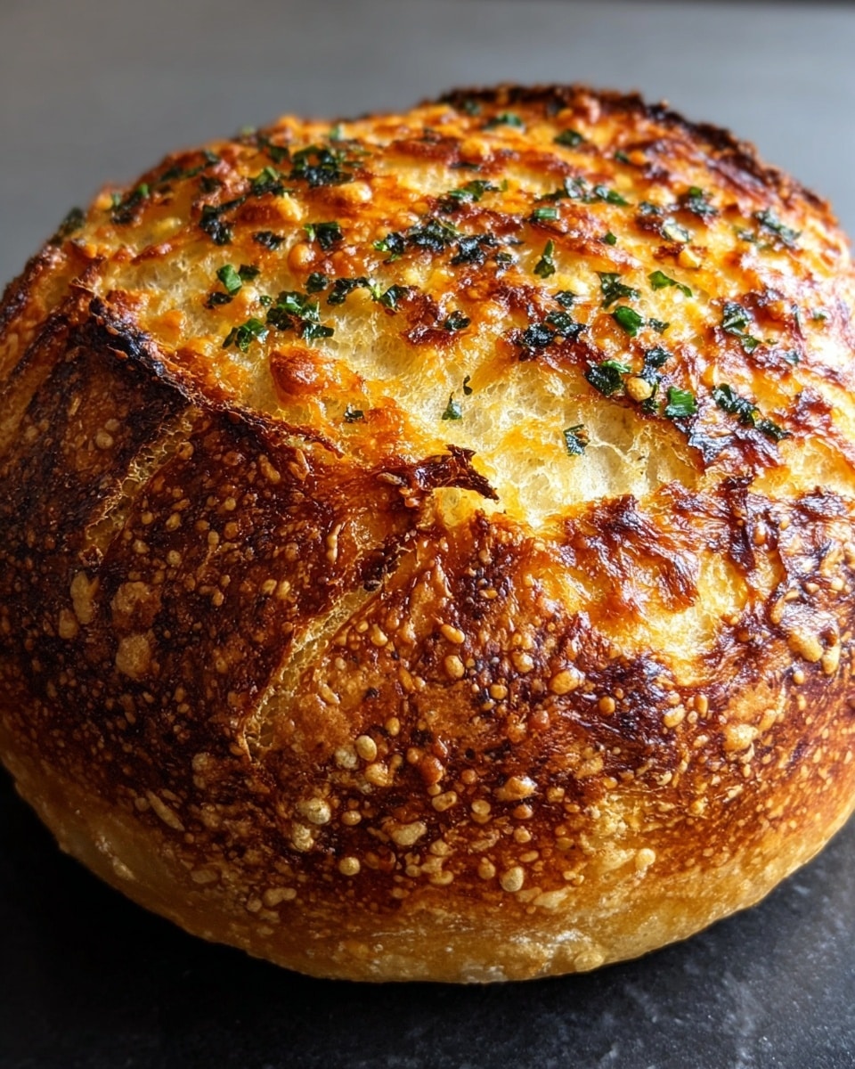 A round loaf of bread with a deep golden brown crust speckled with small crunchy bubbles and bits of toasted cheese and herbs on the top and sides. The top of the bread has several curved slashes revealing a soft, airy inside that is lighter in color, almost pale yellow. The herbs scattered across the crust are dark green, adding contrast to the rich brown and orange tones. The loaf sits on a black surface that has been replaced with a white marbled texture for this description. photo taken with an iphone --ar 4:5 --v 7