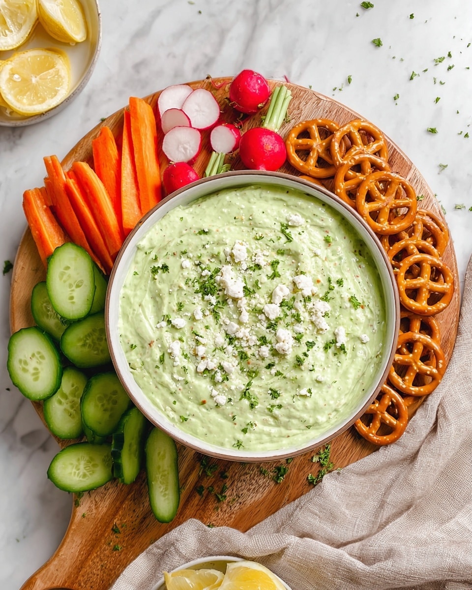 A round, white bowl filled with a light green creamy dip is placed on a wooden board. The dip is topped with small white cheese crumbles and sprinkled with finely chopped green herbs. Around the bowl, the board holds several orange carrot sticks on the left, sliced green cucumbers at the bottom left, and whole red radishes with a few sliced ones on the upper left. A neat row of golden, round pretzels rests at the top edge of the bowl. The whole setup is on a white marbled surface, with a soft beige cloth on the right and a small dish with lemon wedges below. Photo taken with an iphone --ar 4:5 --v 7
