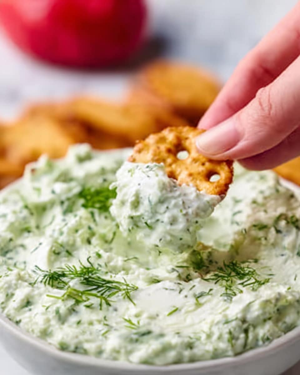 A close-up image shows a woman's hand holding a small round cracker with holes, about to dip it into a creamy, thick greenish-white dip with visible fresh dill herbs mixed in. The dip is in a white bowl on a white marbled surface, and the dip has a smooth but slightly chunky texture with green flecks spread evenly throughout. A blurred red item and some other crackers are in the background. Photo taken with an iphone --ar 4:5 --v 7