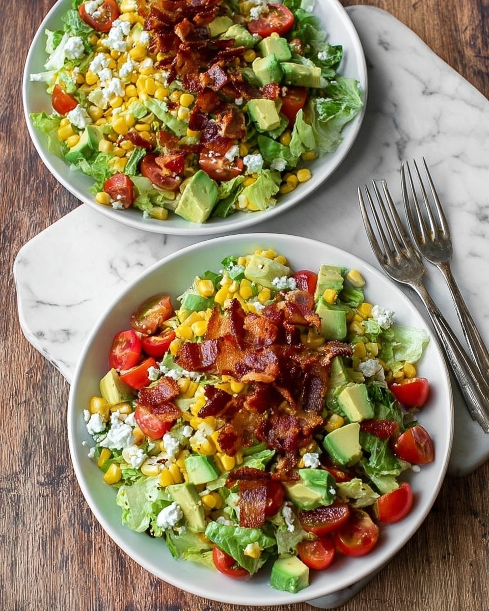 Two white plates filled with fresh salad sit on a white marbled surface. Each salad has a base layer of chopped green lettuce, followed by scattered green avocado cubes and halved red cherry tomatoes. There are yellow corn kernels spread evenly over the salad, topped with small white crumbles of cheese. Crispy brown bacon pieces are sprinkled over the top as the final layer. Two silver forks lie near the dishes, highlighting the fresh and colorful mix of ingredients. Photo taken with an iphone --ar 4:5 --v 7