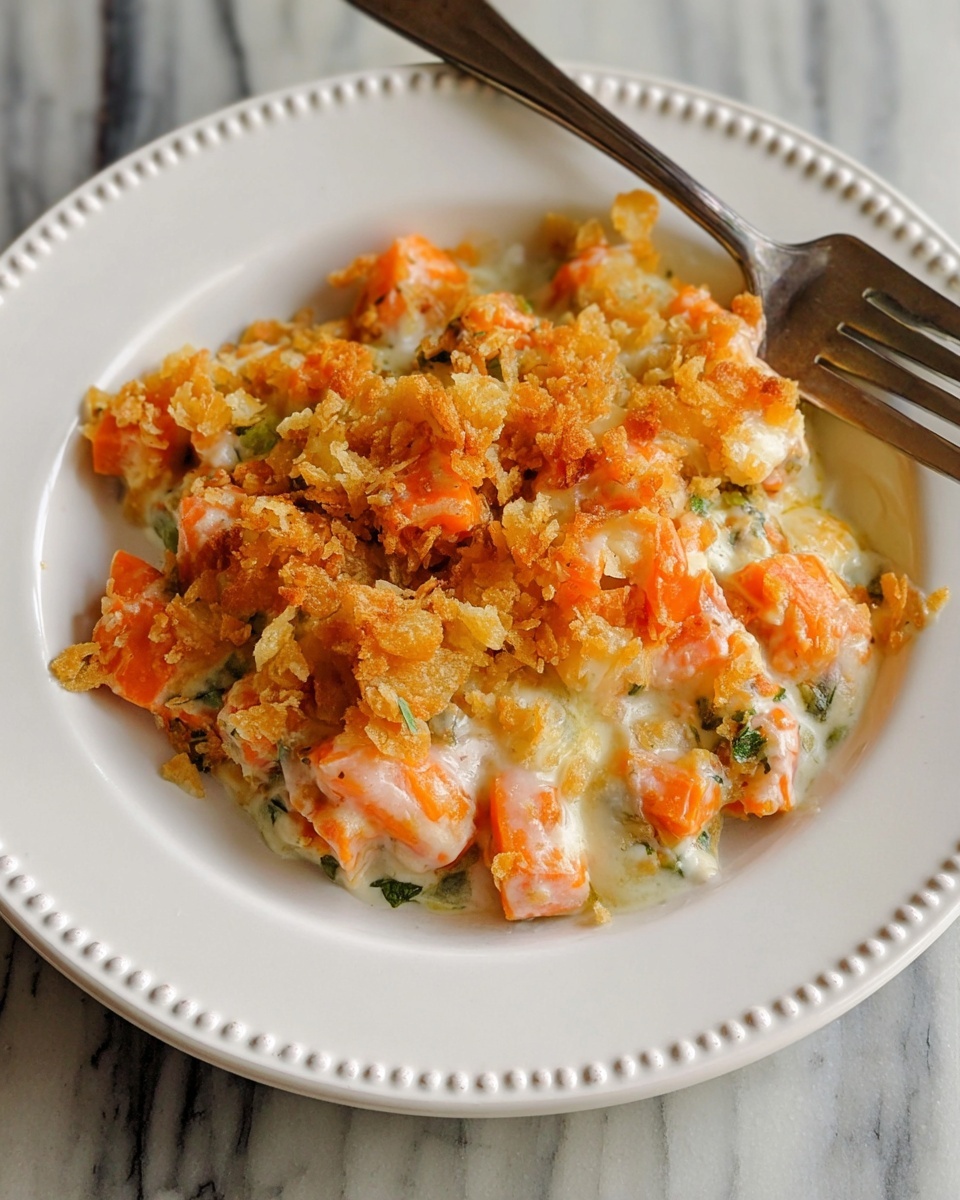 The dish is served on a white plate with a dotted rim, placed on a white marbled surface. It consists of several layers: the base layer appears to be soft, diced orange carrots mixed with a creamy, white sauce that has visible green herb bits. The top layer is a crunchy, golden brown crumb coating that adds texture contrast to the soft carrots underneath. The dish looks warm and slightly melted, with the cream sauce partially covering the carrot pieces and crumbs, creating a mix of smooth and crispy textures. A silver fork rests on the plate near the back edge. photo taken with an iphone --ar 4:5 --v 7