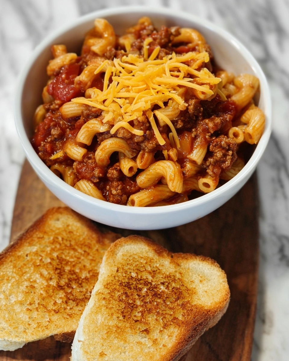 A white bowl filled with a layered dish: the bottom layer is elbow macaroni mixed with a chunky, reddish-brown meat sauce with visible pieces of ground beef and tomato, topped with a sprinkling of shredded yellow cheddar cheese. The bowl sits on a white marbled surface with two toasted bread slices, golden brown with textured crust, placed beside the bowl in front. Photo taken with an iphone --ar 4:5 --v 7