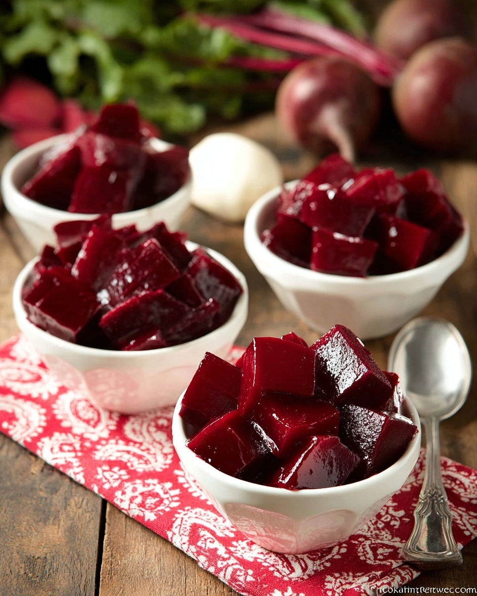 Four white bowls each filled with shiny, deep red beet cubes cut into bite-sized pieces. The bowls are placed on a red and white patterned cloth on a rustic wooden table. In the background, there are whole beets with green leaves, slightly blurred. To the right side, there is a silver spoon and a white round object, possibly a radish or garlic bulb. The light is soft and natural, highlighting the glossy texture of the beet cubes. photo taken with an iphone --ar 4:5 --v 7