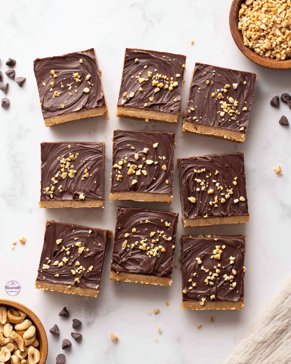 Square dessert bars are shown stacked and scattered on a white marbled surface. Each bar has two main layers: a thick, light tan crispy base with a rough texture, and a smooth, dark brown chocolate layer on top. The chocolate layer is decorated with small, unevenly chopped beige nuts scattered across it. The bars have clean, sharp edges, and one bar stands upright leaning on another, emphasizing the thickness of each layer. Photo taken with an iphone --ar 4:5 --v 7