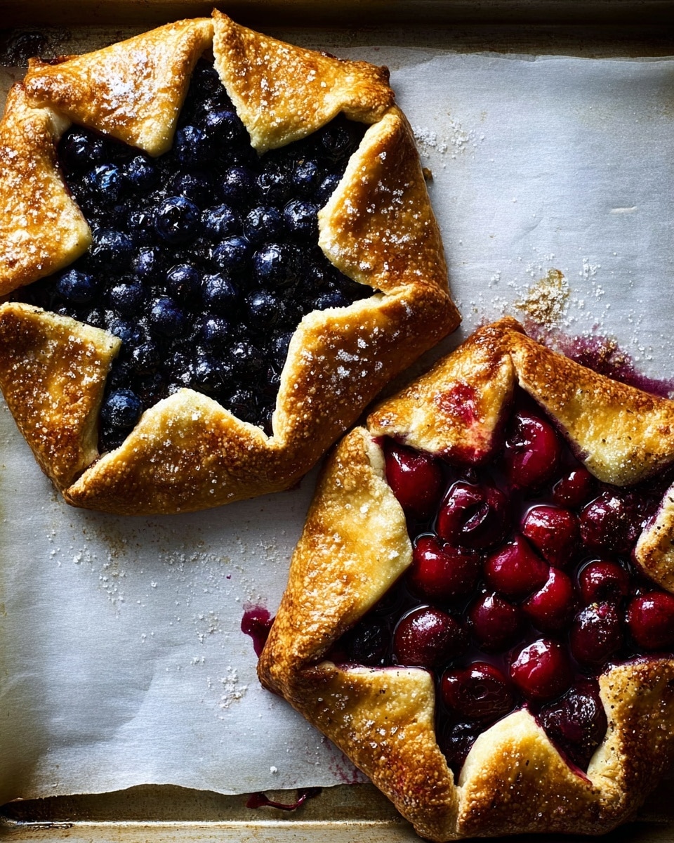 Two fruit galettes sit on baking sheets lined with parchment paper on a white marbled texture. Each galette has a single layer of golden brown crust folded over the edges of a star-shaped fruit filling in the center. The galette on the left holds dark, glossy blueberries tightly packed in the star, with the crust sprinkled lightly with sugar. The galette on the right contains a similar star shape filled with dark red cherries, some juice slightly spilling onto the parchment. The crusts have a textured, flaky appearance and the fruits look juicy and rich in color. Photo taken with an iphone --ar 4:5 --v 7