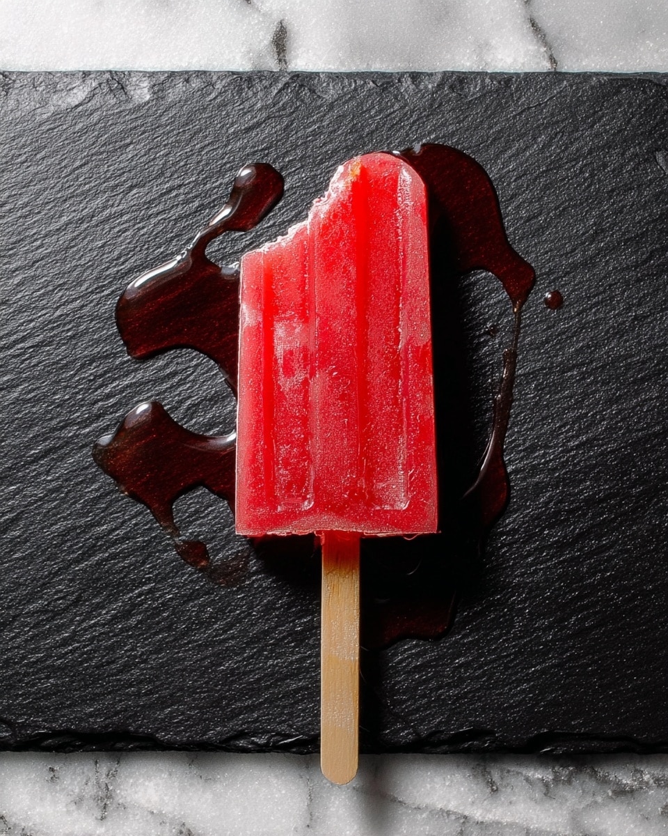 A red popsicle with a bite taken from the top left corner, showing a slightly lighter inner texture, laid flat on a black slate plate, with melted drops around it creating glossy streaks; the popsicle stick is light wood and extends to the right. The black slate is set on a white marbled texture. photo taken with an iphone --ar 4:5 --v 7