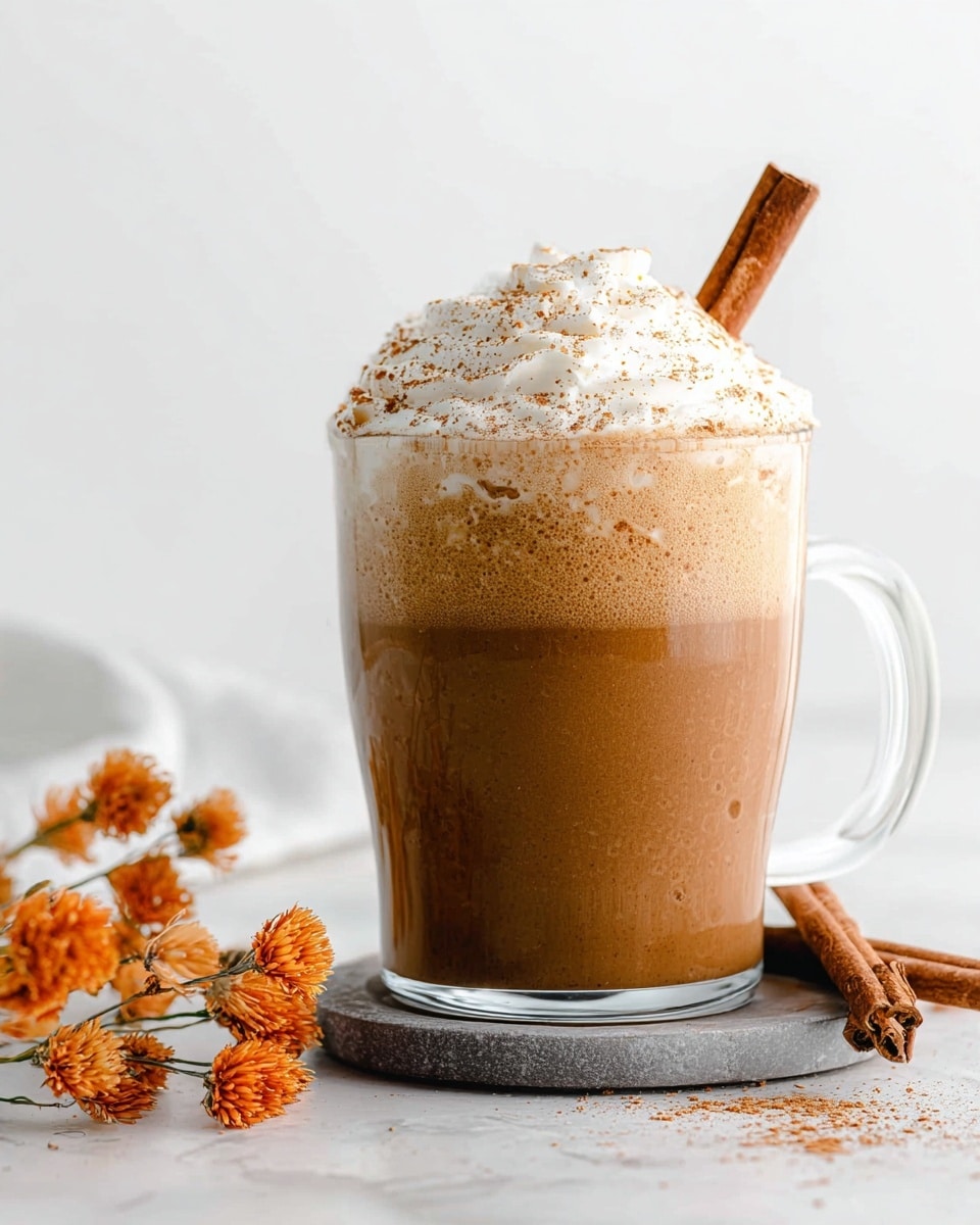 A clear glass mug filled with a creamy brown drink that has a frothy layer on top, crowned with a thick dollop of white whipped cream sprinkled lightly with cinnamon powder. A cinnamon stick leans from inside the drink, adding a warm brown accent on the right side, while two more cinnamon sticks rest on a gray coaster beneath the mug. In the foreground, soft-focus dried orange flowers add a warm tone, all set against a white marbled surface and a plain white background. photo taken with an iphone --ar 4:5 --v 7
