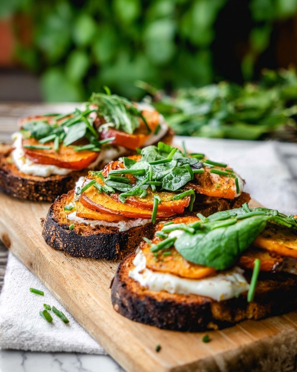 Three open-faced toasted bread slices are arranged on a wooden board placed on a white marbled surface. Each toast has a dark, charred base layer with a rough texture. On top of this is a layer of bright orange roasted pumpkin slices with a slightly glossy texture and soft edges. Each pumpkin slice is topped with a thick, smooth white cheese layer. Fresh green spinach leaves and chopped chives are scattered over the cheese, adding a fresh and vibrant touch. The background shows blurred greenery, enhancing the rustic look. Photo taken with an iphone --ar 4:5 --v 7
