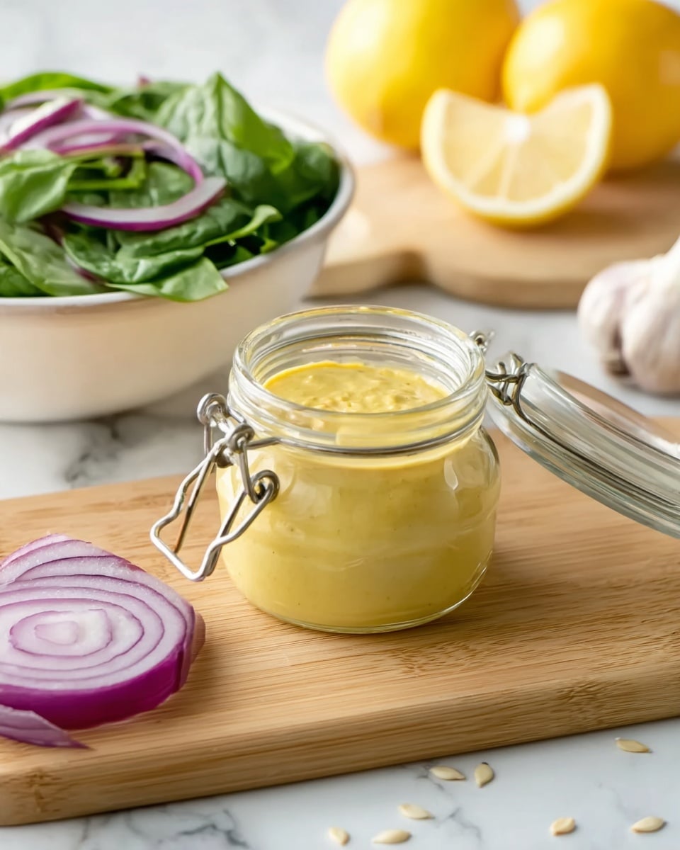 A small clear glass jar with a metal clasp lid open and resting on its side contains a thick yellow dressing with a smooth, slightly textured surface filled nearly to the top. The jar sits on a light wood cutting board on a white marbled surface. Nearby on the cutting board is a large white bowl filled with fresh green spinach leaves and thin pale purple onion slices. To the right of the jar is a half slice of red onion with purple rings and white layers. In the blurred background, there are two whole yellow lemons and a lemon wedge on the wooden cutting board, along with a bulb of garlic. Small scattered light-colored seeds are spread around on the white marbled surface. photo taken with an iphone --ar 4:5 --v 7