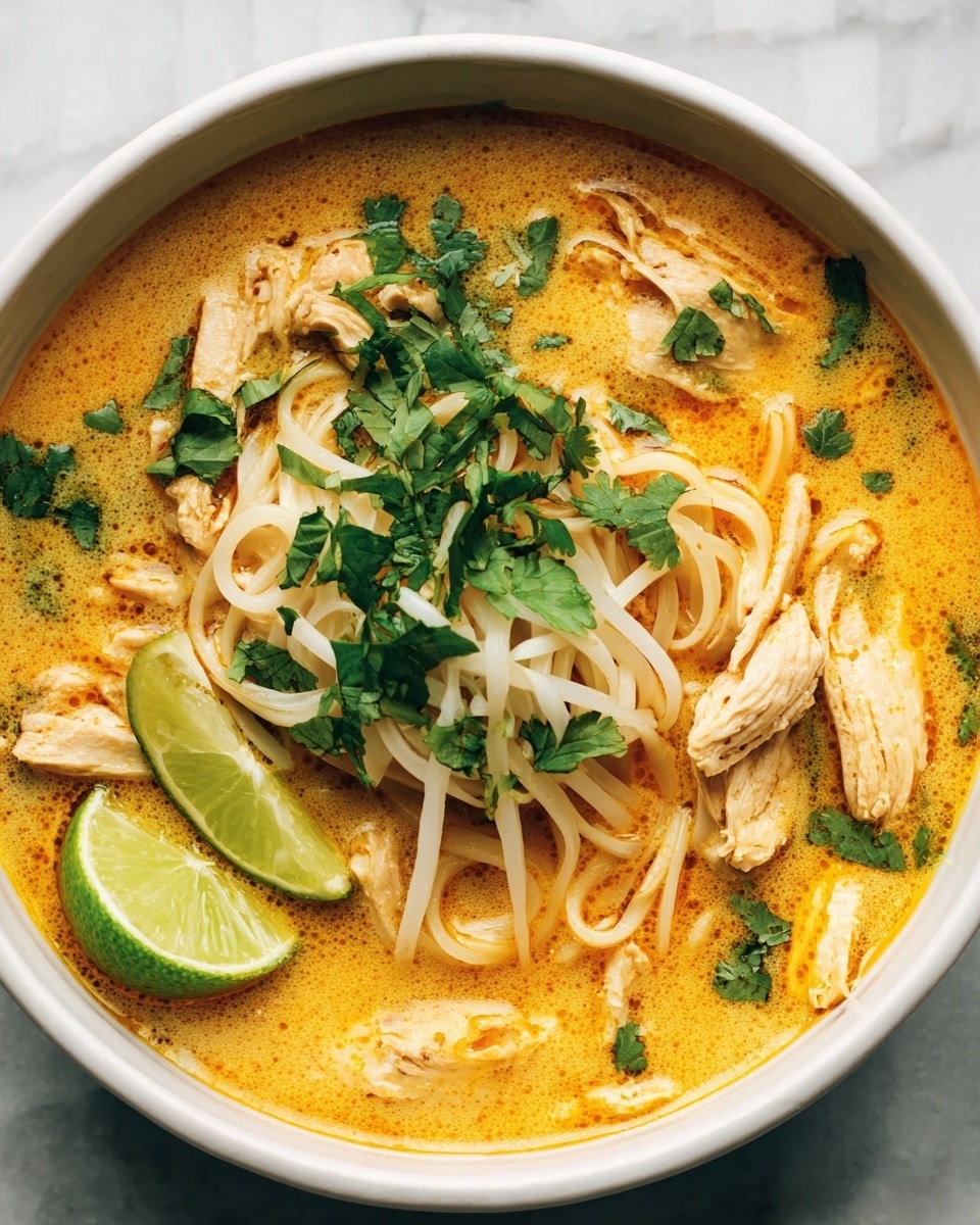 A white bowl filled with a rich, orange-yellow soup, with a few slices of light beige cooked chicken scattered on top. In the center, there is a small pile of long, thin white noodles, mixed with fresh green cilantro leaves scattered over the soup. A bright green lime wedge sits on the side, partially submerged in the broth. The soup looks creamy and has some spices visible, giving it some texture. The bowl rests on a white marbled surface. photo taken with an iphone --ar 4:5 --v 7