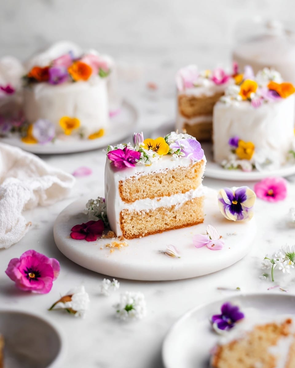 The image shows a small cake cut in half with two layers of light golden sponge and white creamy frosting between and outside. The cake is covered in smooth white frosting decorated with colorful edible flowers in pink, yellow, purple, and orange scattered on top and sides. Several similar small cakes decorated with flowers sit on a round white marble board, with loose flower petals and small white flowers scattered on the white marbled surface around them. In the foreground, a small piece of the cake is on a white bowl next to a white cloth, creating a soft and bright setting. photo taken with an iphone --ar 4:5 --v 7