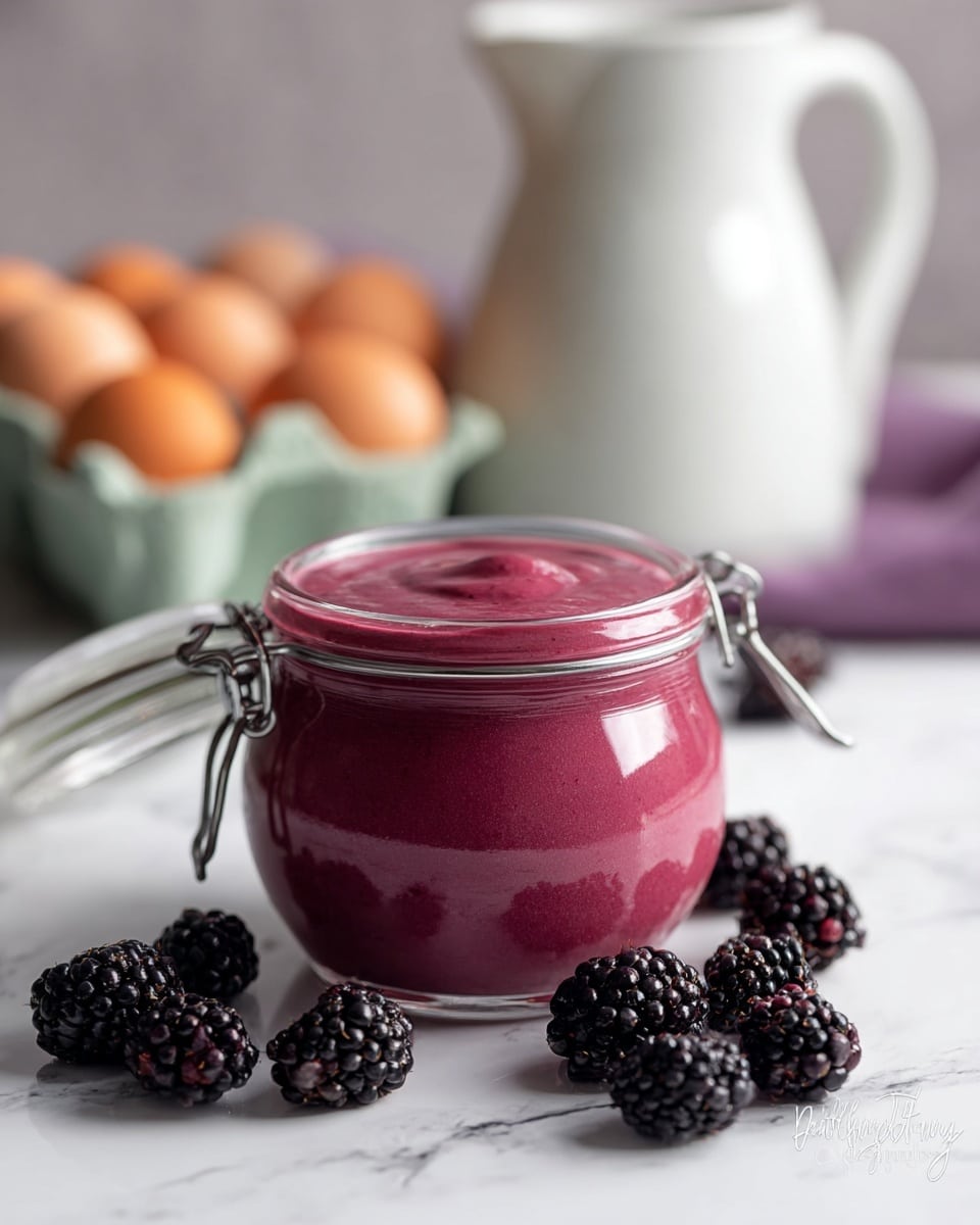 A glass jar filled with thick, smooth, dark pink creamy spread sits on a white marbled surface. In the front and scattered around the jar are fresh blackberries with shiny, bumpy textures in deep purple-black color. Behind the jar, there is a white ceramic pitcher with a handle and a carton holding several brown eggs softly blurred in the background. The jar has a metal latch clasp on its side and is filled to the very top with the spread. photo taken with an iphone --ar 4:5 --v 7