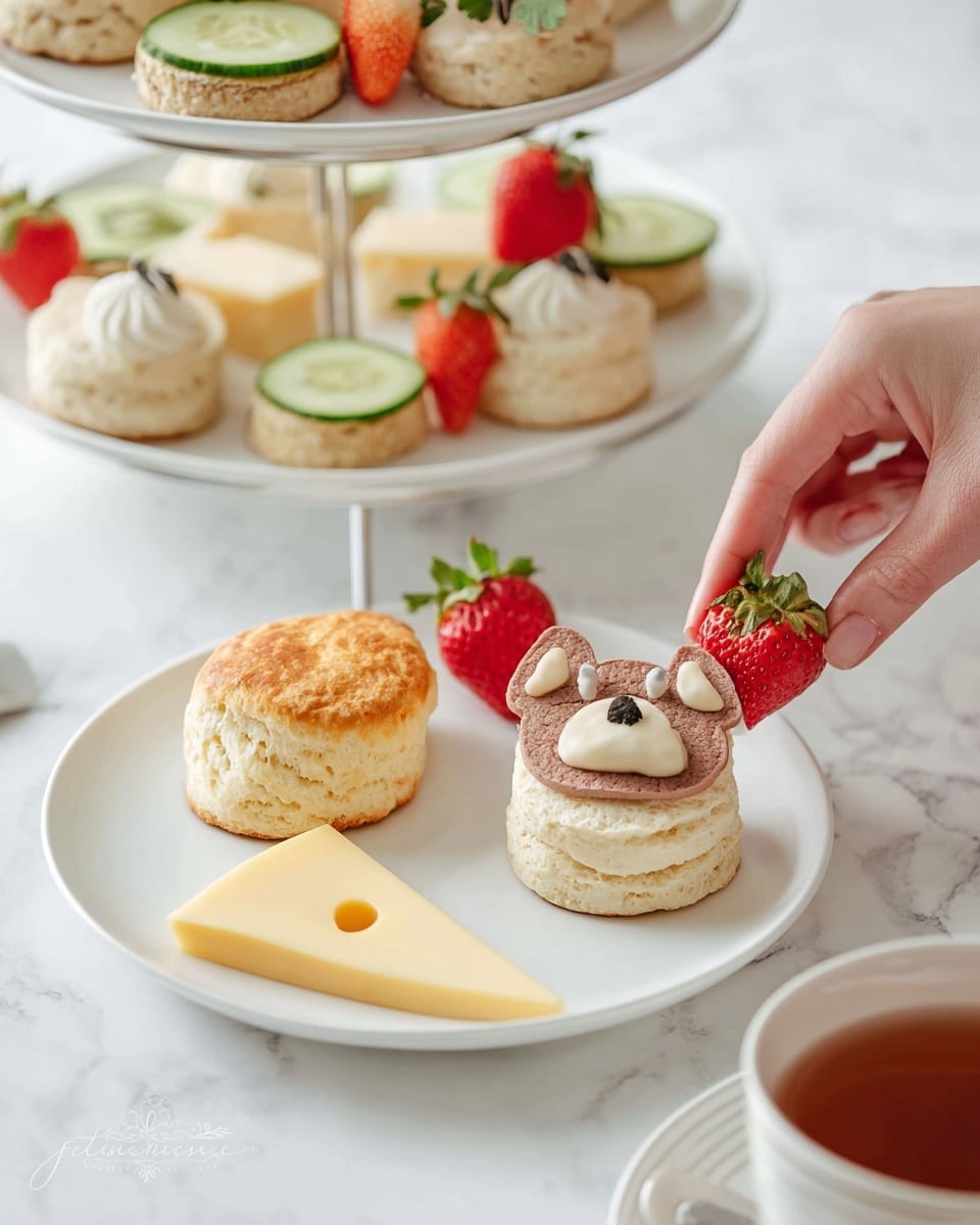 The image shows a white plate on a white marbled surface holding a small round sandwich with a face decoration made from various thinly sliced meats and cheese forming eyes, ears, and a nose in light brown, tan, cream, and white colors. Next to the sandwich is a golden-brown scone and a fresh red strawberry with its green top. Also on the plate is a small yellowish triangle slice of cheese with a hole. Behind this plate is a white two-tiered serving tray with round cucumber and bread sandwiches, more scones, strawberries, and cheese slices. A woman's hand is picking up one of the cucumber sandwiches from the top tier. To the right is a white tea cup filled with tea on a saucer. Photo taken with an iphone --ar 4:5 --v 7