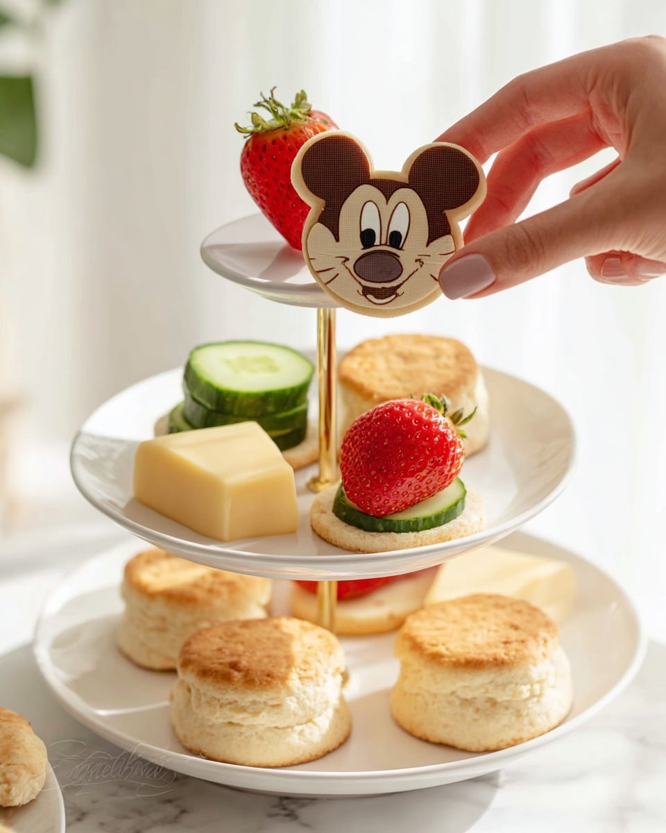 A three-layer white serving stand displays a mix of treats on a white marbled surface. On the top layer, there is a fresh bright red strawberry, a golden-brown biscuit, a pale yellow square of butter, and a cucumber slice on a round biscuit base. The middle layer shows a golden biscuit, a red strawberry, and two cucumber slices on small biscuit bases. On the bottom layer, there are more golden biscuits, another slice of pale yellow cheese, cucumber slices on round biscuit bases, and red strawberries. A woman’s hand is holding a round cookie decorated with the face of a famous cartoon mouse, featuring brown ears, beige face, white snout with black whiskers, and beige eyes with black pupils. The background is softly lit, and the scene looks fresh and appetizing. photo taken with an iphone --ar 4:5 --v 7