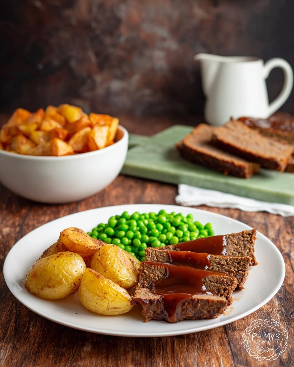 A white plate holds a meal with three parts: golden roasted potatoes on the left side, bright green peas neatly gathered on the bottom right, and two thick slices of dark brown meatloaf topped with smooth, shiny brown gravy occupying the top right. The meatloaf slices have a dense, textured surface with visible bits of ingredients. Behind the plate, a bowl of more roasted potatoes and a white bowl filled with peas are slightly out of focus, along with a green cutting board holding several thick slices of meatloaf and a white gravy boat, set on a rustic wooden table with a dark brown background replaced by a white marbled texture. photo taken with an iphone --ar 4:5 --v 7