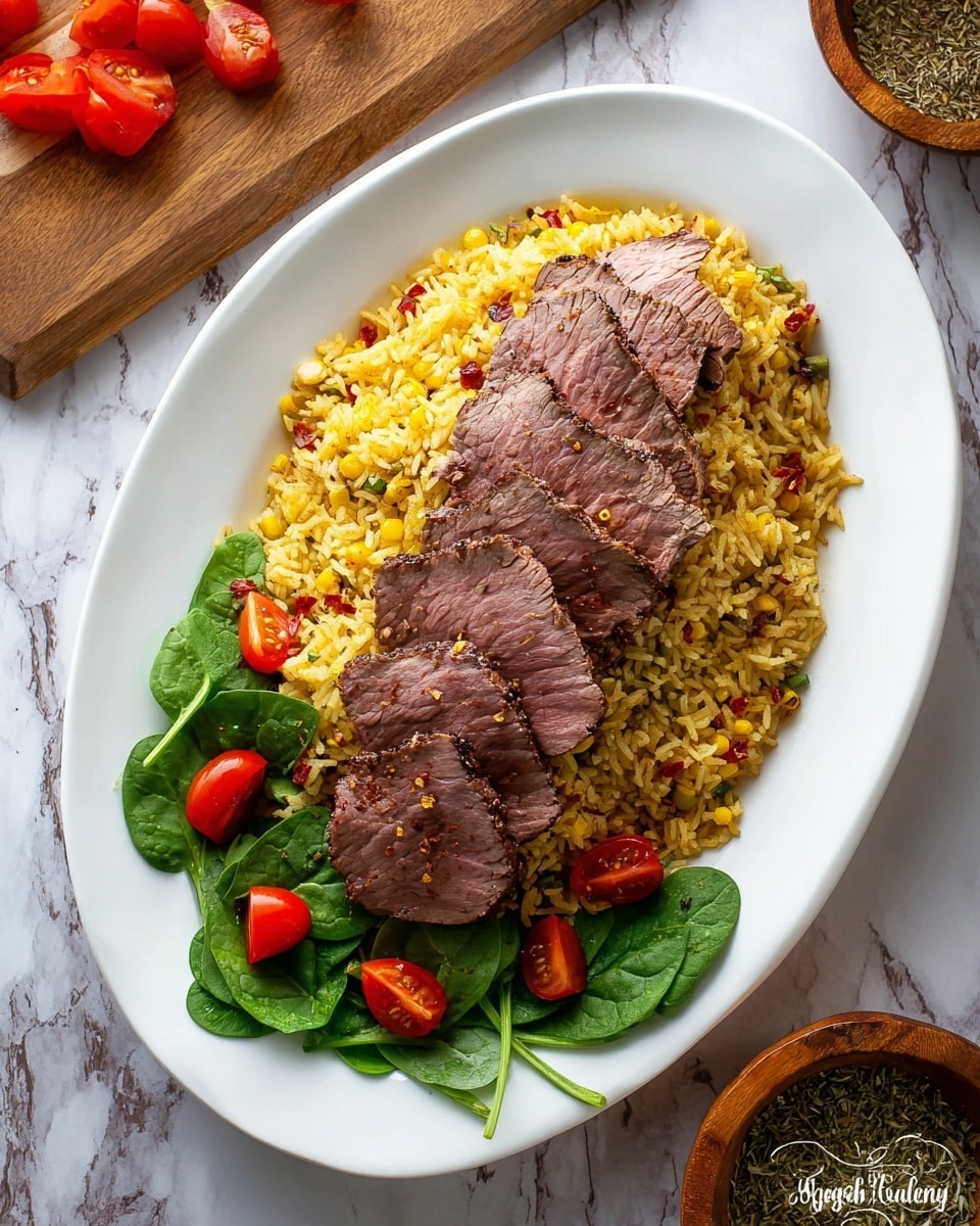 A white oval plate holds a three-layer dish, starting with a bed of yellow rice mixed with small bits of corn and peas, seasoned lightly with red chili flakes, forming the bottom layer. On top of the rice, there are several slices of medium-cooked roast beef arranged in a fan shape, showing a pink center and darker brown edges. At the bottom of the plate, fresh green spinach leaves are scattered, topped with bright red quartered cherry tomatoes. The plate rests on a white marbled surface, with a wooden cutting board with some halved cherry tomatoes in the lower left corner and a small wooden bowl of dried herbs in the upper right corner. Photo taken with an iphone --ar 4:5 --v 7