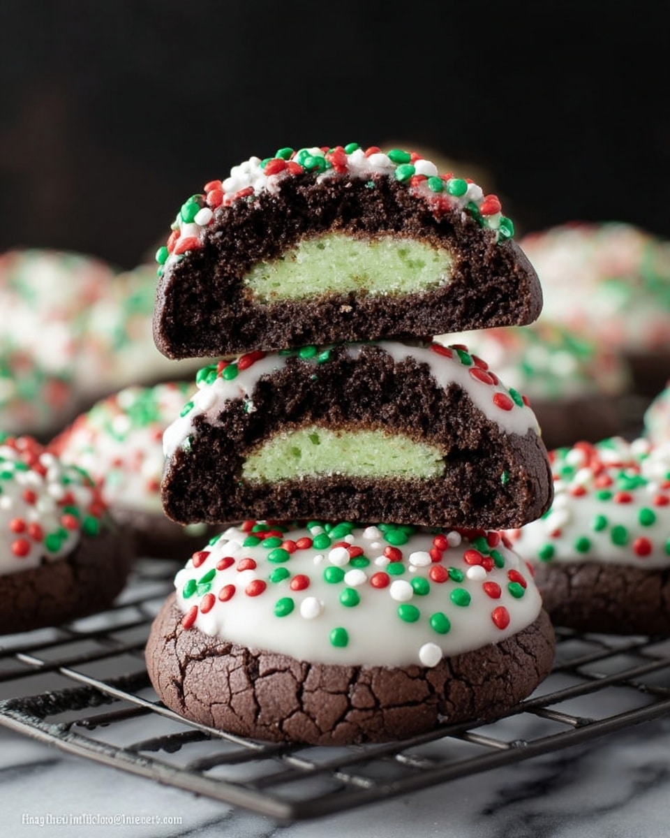 The image shows a stack of three round chocolate cookies with a cracked surface, each topped with thick white icing that has red, green, and white small round sprinkles scattered over it. The top cookie is cut in half, revealing three layers inside: a light green creamy center surrounded by a thin darker brown chocolate layer, all encased by the dark chocolate cookie dough. The background has more cookies with the same topping and inside layers, set against a dark backdrop and resting on a cooling rack placed on a white marbled texture. photo taken with an iphone --ar 4:5 --v 7