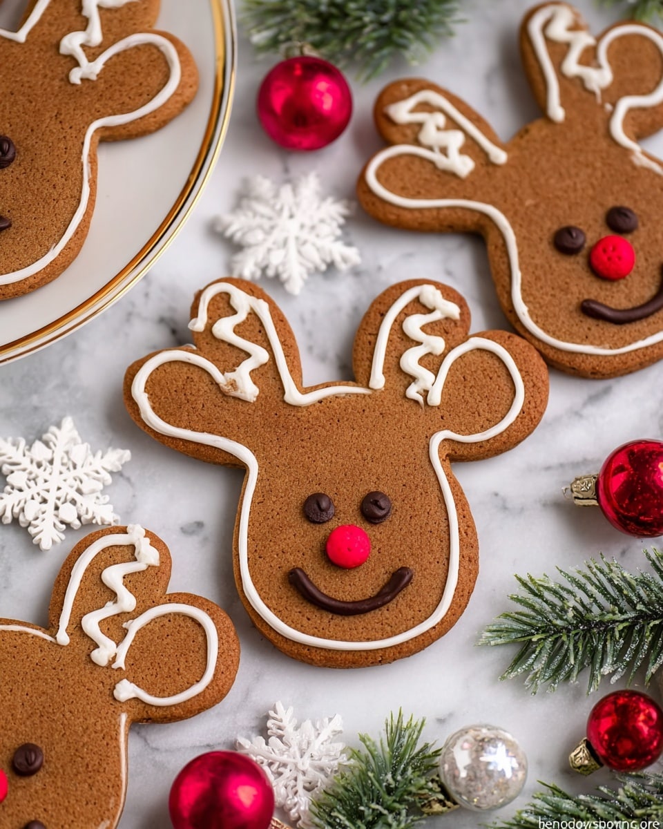 The image shows gingerbread cookies shaped like reindeer heads on a white marbled surface. Each cookie has a smooth brown base with white icing outlining the head and antlers, creating a clear border. The antlers have small zigzag lines in white icing, and the eyes and nose are made with small dark chocolate pieces. A curved smile is drawn with dark brown icing, ending with bright red round candies on each cheek. Some cookies rest on a white plate with a gold rim on the left side of the image. Around the cookies, there are white snowflake ornaments, green pine leaves, and shiny red Christmas ball decorations, adding a festive look. Photo taken with an iphone --ar 4:5 --v 7