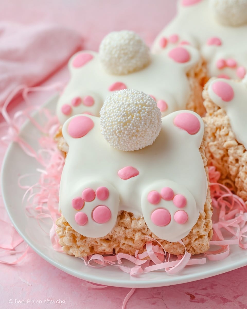 The image shows a close-up of a bear-shaped treat made with a textured, light brown base, likely a crispy rice cereal. The treat has three layers: the base, a smooth white icing layer that covers the top in the shape of a bear's head and ears, and white icing details outlining the ears with bright pink dots and shapes for paw pads on each ear. On top of the white icing layer at the center is a round, white ball covered with small white sprinkles, resembling a fluffy tail or nose. The treat is placed on a white plate, surrounded by thin pink paper shreds, with a soft pink background. photo taken with an iphone --ar 4:5 --v 7