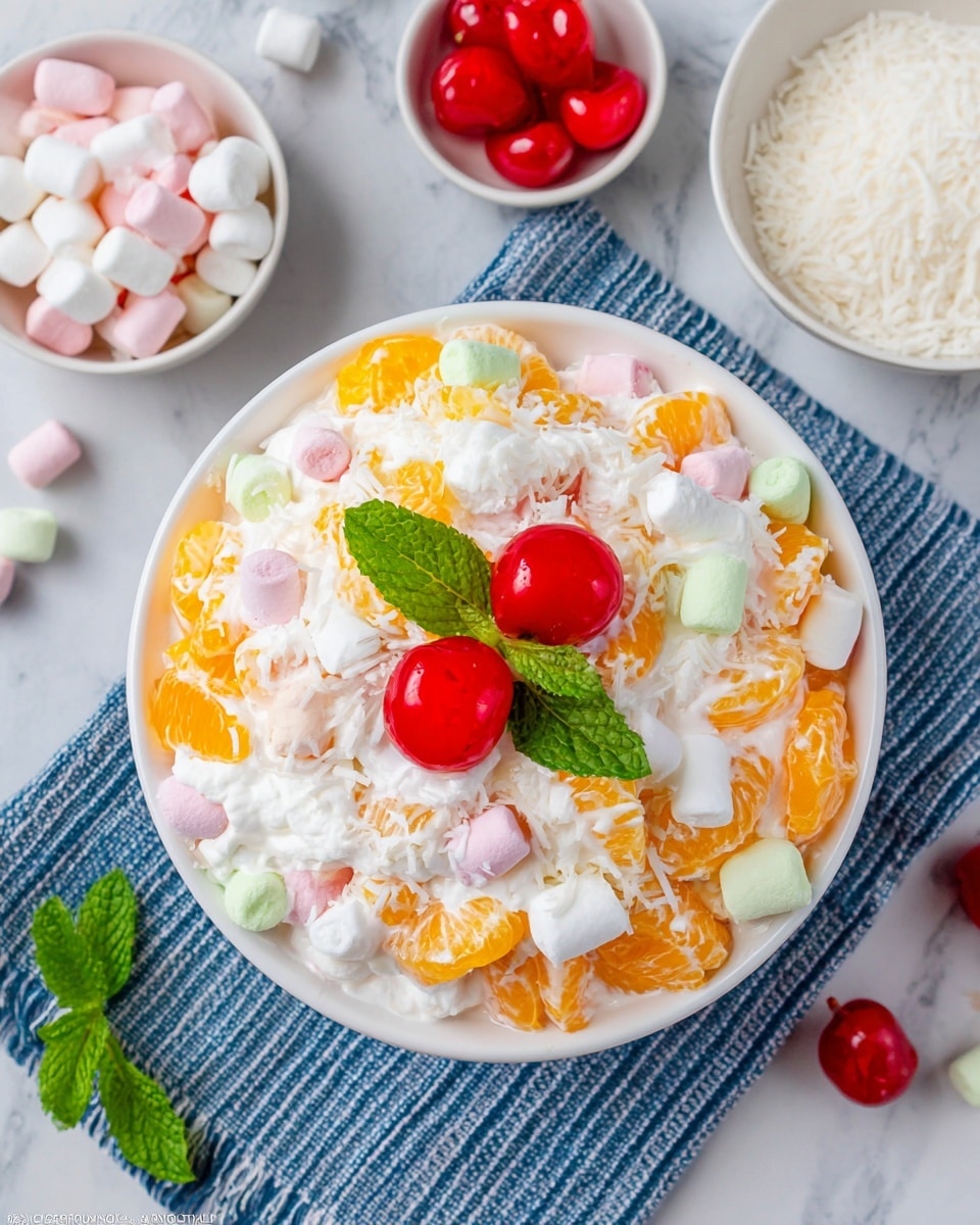 A white bowl filled with a fruit salad that has about three layers mixed together: bright orange mandarin slices, red cherries, light green and pink mini marshmallows, and white whipped cream. The salad is topped with two shiny red cherries and fresh green mint leaves in the center. The bowl sits on a blue striped cloth with small white bowls nearby holding pastel-colored mini marshmallows and shredded white coconut. The whole scene is on a white marbled surface with a few marshmallows scattered around. photo taken with an iphone --ar 4:5 --v 7