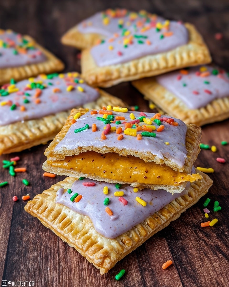 The image shows several rectangular toaster pastries arranged on a dark wooden surface changed to a white marbled texture. Each pastry has a golden-brown crust with crimped edges, topped with a light purple frosting spotted with colorful sprinkles in various shapes and colors like green, red, yellow, and orange. The front center pastry is cut in half and stacked to reveal its inside layers: a flaky crust on top and bottom sandwiching a thick, smooth, orange filling. The colorful sprinkled frosting layer sits on top of the crust. Photo taken with an iphone --ar 4:5 --v 7
