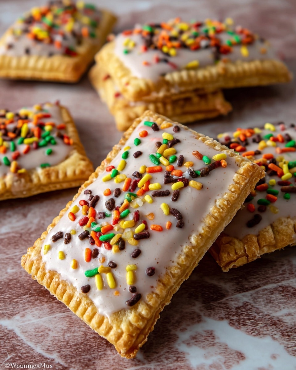 The image shows close-up of several rectangular, golden-brown pastries with lightly crimped edges stacked on each other and spread out on a wooden surface changed to white marbled texture. Each pastry is topped with a thick layer of light tan icing that has a smooth, creamy texture. The icing is generously decorated with colorful sprinkles shaped like small leaves and tiny round and rod-shaped sprinkles in red, orange, yellow, green, brown, and black. The pastries are arranged so the one in front is in sharp focus, while the others behind it are more blurred, creating a sense of depth. photo taken with an iphone --ar 4:5 --v 7