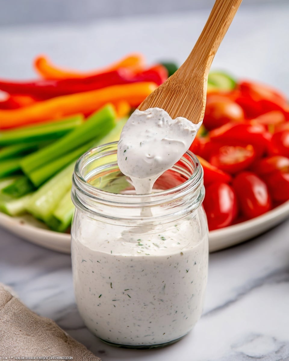 A small clear glass jar filled with thick white ranch dressing with small green herb specks, a bamboo spoon lifting some of the creamy dressing above the jar showing its thick texture, in the background a white plate filled with colorful sliced vegetables including red bell peppers, green celery sticks, cucumber slices, and cherry tomatoes, all placed on a white marbled surface, soft natural light brightens the scene, photo taken with an iphone --ar 4:5 --v 7