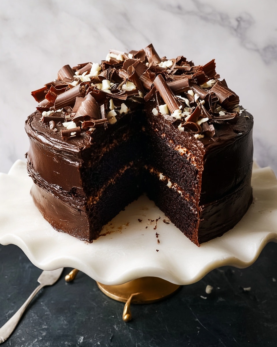 A rich three-layer dark chocolate cake sits on a white scalloped marble stand with gold legs, with one large slice removed to reveal the moist, dense interior filled with smooth chocolate frosting between layers. The top is thickly covered with glossy, dark chocolate frosting and decorated with curled chocolate shavings in mixed dark and white colors, adding texture and contrast. The background is a white marbled texture. photo taken with an iphone --ar 4:5 --v 7