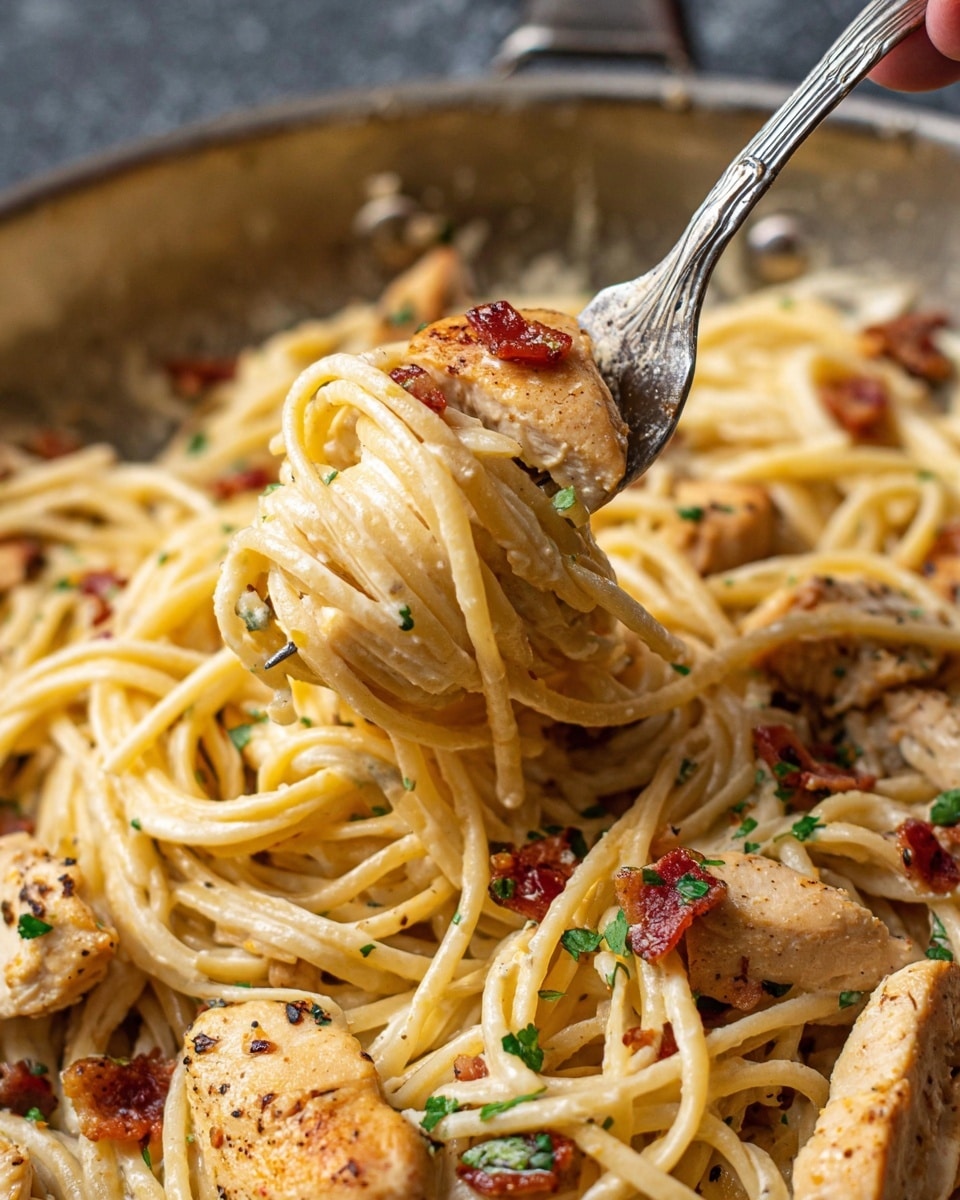 A close-up view of creamy spaghetti pasta twirled around a silver fork held by a woman's hand, with visible small pieces of crispy bacon mixed throughout. The spaghetti is coated in a smooth light beige sauce dotted with tiny black pepper flakes and green chopped herbs. Below the fork, the pan holds more spaghetti and sliced cooked chicken pieces that are light brown with some herbs on them. The background shows the pan's metallic surface with a slightly worn texture. photo taken with an iphone --ar 4:5 --v 7