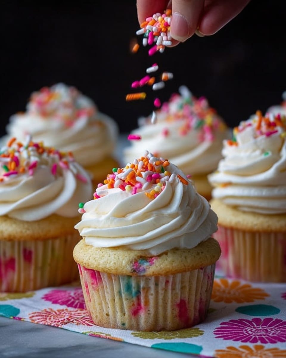 The image shows a close-up of several vanilla cupcakes with white creamy frosting swirled on top, each cupcake sitting in a white paper liner with colorful candy bits baked inside the cake. The focus is on one cupcake in the middle where a woman's hand is sprinkling bright pink, orange, yellow, white, and red candy sprinkles falling softly onto the frosting. The cupcakes are placed on a white marbled surface partially covered with a cloth featuring colorful flowers and dots. The background is dark, making the cupcakes and the colorful sprinkles stand out clearly. photo taken with an iphone --ar 4:5 --v 7