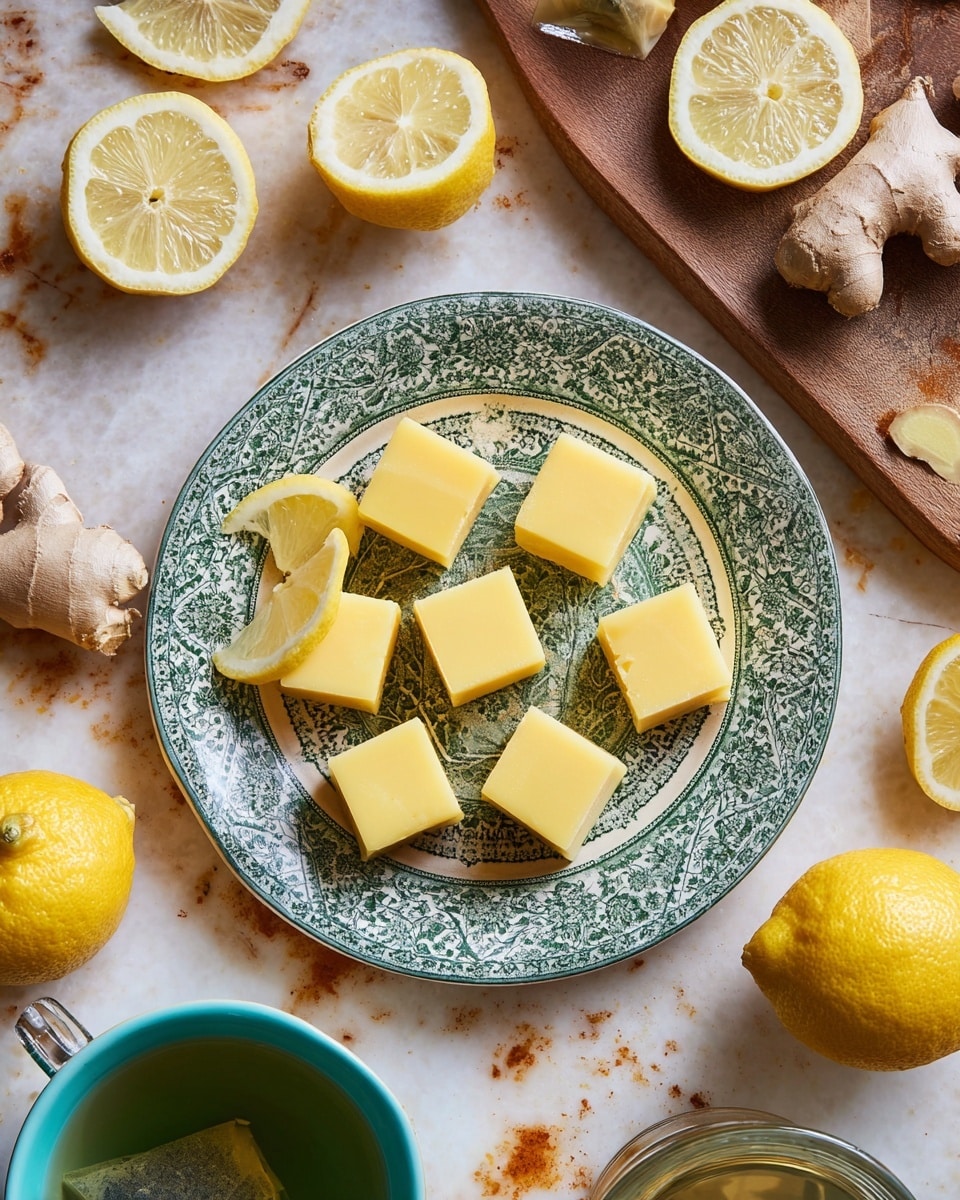 A white plate with an intricate green pattern holds nine smooth, yellow square cubes arranged neatly, each with a firm texture. Two lemon wedges, bright yellow with a glossy surface, sit on the plate beside the cubes. The plate rests on a white marbled surface speckled with light brown rust-like spots. Around the plate are fresh lemon halves and wedges with vibrant yellow skin and juicy interiors, a small piece of ginger root with a rough tan texture on a wooden cutting board, and teal bowls with tea bags steeping in amber-colored liquid. A clear glass cup is partially visible, adding a touch of transparency and smooth reflection to the scene. photo taken with an iphone --ar 4:5 --v 7